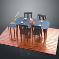 Modern Dining Furniture With Oval Table Four Dark Chairs Small Stool Wooden Floor And Tableware