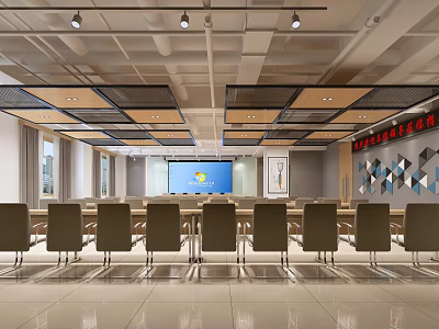 Modern Meeting Room With Large Screen Rows Of Chairs And Ceiling Lighting Design 3d model