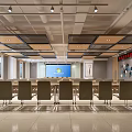 Modern Meeting Room With Large Screen Rows Of Chairs And Ceiling Lighting Design