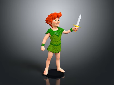 Red Haired Character In Green Leaf Outfit Holding Sword Standing On Black Base 3d model