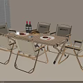 Modern Outdoor Wooden Table With Four Light Colored Chairs Wine Bottles Bread And Plates