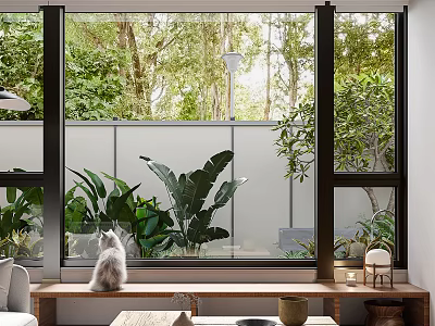 Garden Landscape View Through Large Window With White Cat On Bench And Lush Greenery 3d model