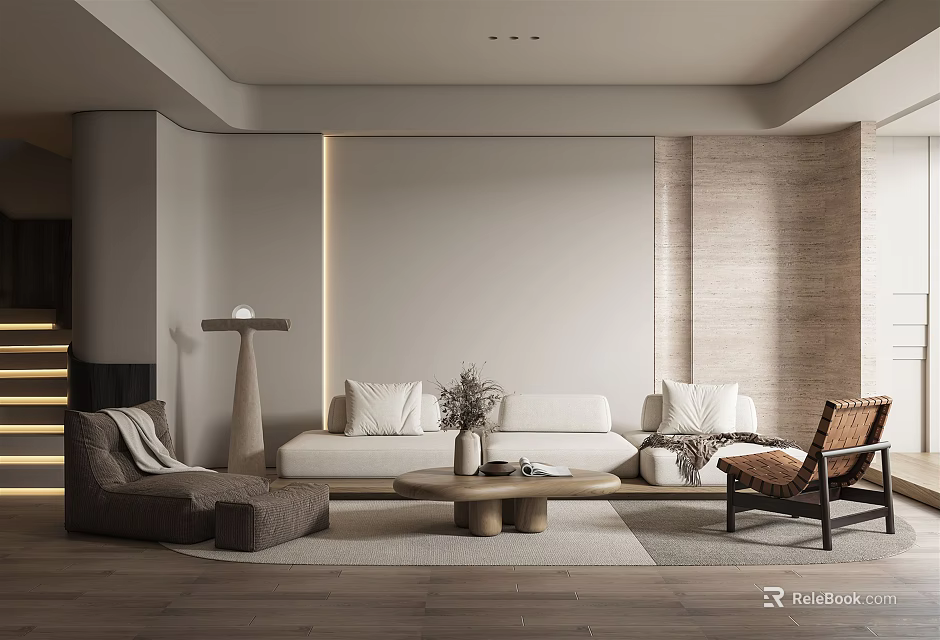 Modern Living Room Interior Design With Beige Sofa Floor Lamp And Round Coffee Table 3d model 
