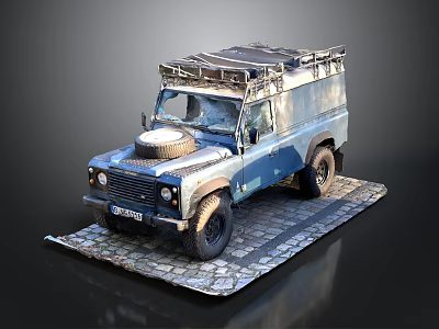 Vintage Blue Silver Off Road Vehicle With Roof Rack Front Spare Tire On Stone Pavement 3d model