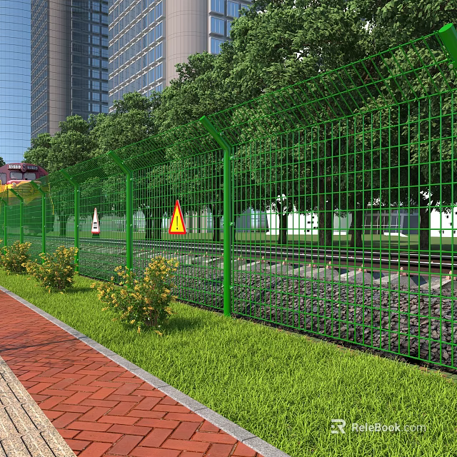 Green Fence with Metal Mesh Design Trees Grass Red Brick Sidewalk and Traffic Warning Signs 3d model 