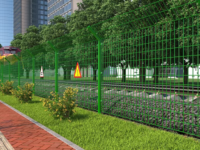 Green Fence with Metal Mesh Design Trees Grass Red Brick Sidewalk and Traffic Warning Signs 3d model