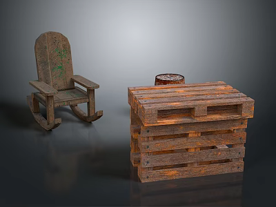 Vintage Wooden Rocking Chair And Rustic Stacked Pallet Table With Small Container 3d model
