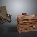 Vintage Wooden Rocking Chair And Rustic Stacked Pallet Table With Small Container