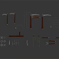 Various Medieval Weapons Including Axe Chain Hook Knife With Wooden Handles And Metal Parts