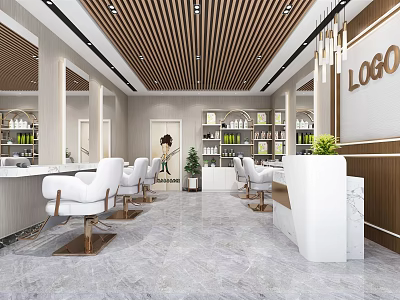 Modern Beauty Hair Salon Interior Design With White Chairs Mirrors And Product Shelves 3d model