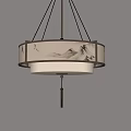 Chinese Style Chandelier with Mountain Bird Patterns Fabric Shade and Golden Metal Frame