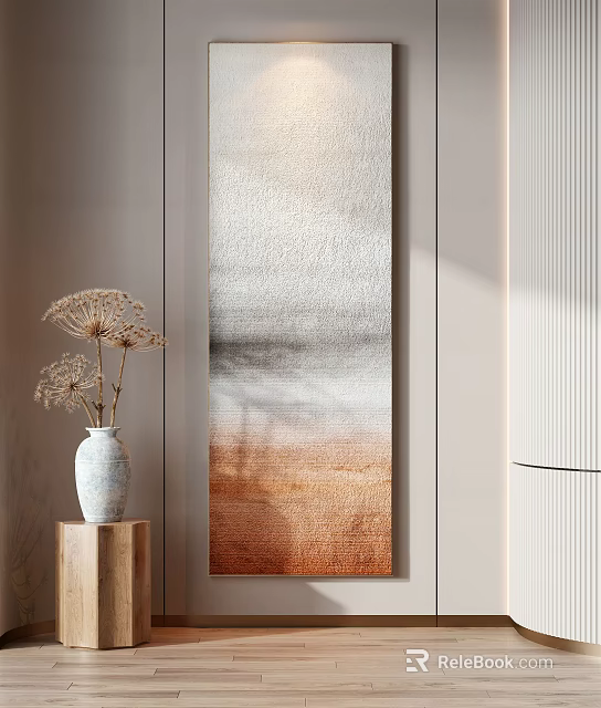 Modern Interior Featuring Vertical Abstract Painting With Gradient Colors And Dried Flowers In White Vase 3d model 