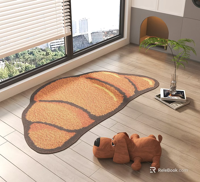 Round Croissant Pattern Orange Brown Carpet On Wooden Floor With Stuffed Puppy And Potted Plant 3d model 