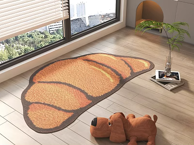 Round Croissant Pattern Orange Brown Carpet On Wooden Floor With Stuffed Puppy And Potted Plant 3d model