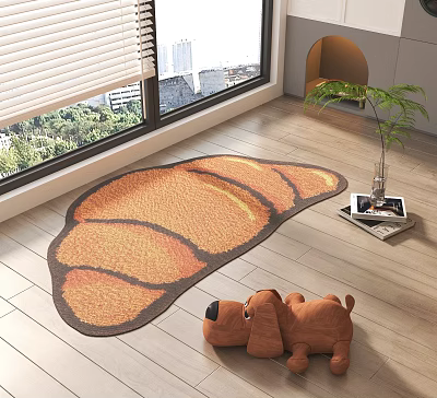 Round Croissant Pattern Orange Brown Carpet On Wooden Floor With Stuffed Puppy And Potted Plant 3d model