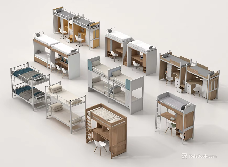 Various Modern Bunk Bed Designs With Desk And Storage For Dormitory Use 3d model