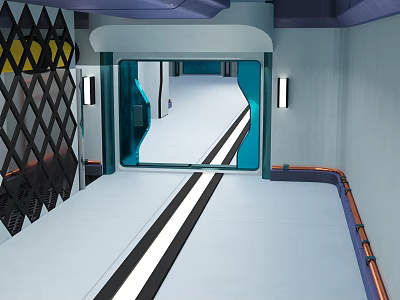 Futuristic Corridor Scene With Blue Glass Door White Floor Black Geometric Wall And Orange Accent Lines 3d model