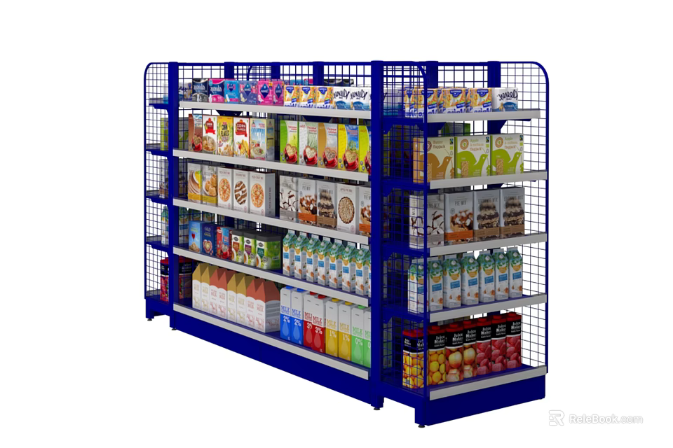 Specialty Store Organized Blue Shelves Displaying Various Food Items And Beverages 3d model 