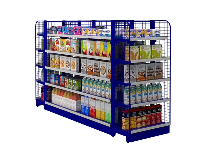 Specialty Store Organized Blue Shelves Displaying Various Food Items And Beverages 3d model