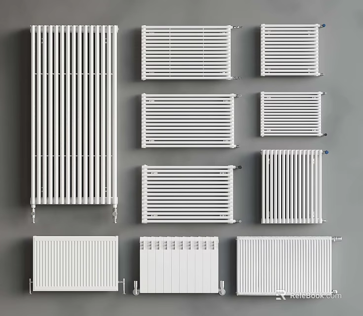 White Radiators In Various Styles On Gray Background For Home Decoration 3d model 