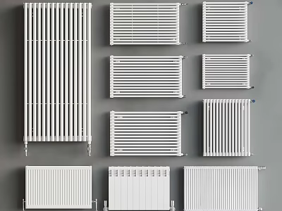 White Radiators In Various Styles On Gray Background For Home Decoration 3d model