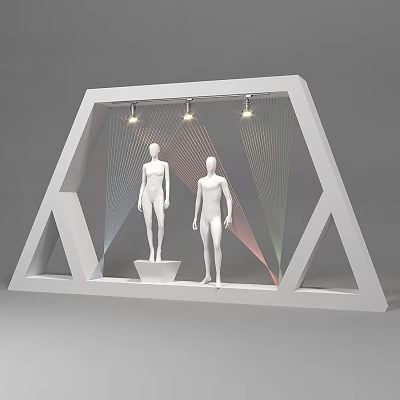 Human Mannequins in White Triangular Display with Three Top Light Bulbs and Colorful Wavy Background 3d model
