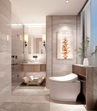 Modern Hotel Bathroom Interior Design With Shower Area Vanity Mirror Decorative Painting And Green Plant 3d model