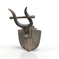 Ancient Metal Weapon with Horned Top Design Decorative Shield Structure and Intricate Carvings