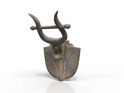 Ancient Metal Weapon with Horned Top Design Decorative Shield Structure and Intricate Carvings 3d model