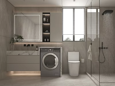 Modern Bathroom Interior With Marble Vanity Washing Machine Toilet Glass Shower And Mirror 3d model