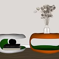Modern Curved White And Orange Bedside Tables With Camera Books Vase And Dried Grass