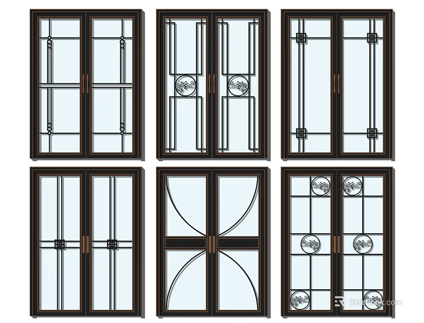 Various Double Doors With Glass Patterns And Frame Styles For Interior Design 3d model 