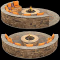 Outdoor Sofa Circular Design With Fire Pit Stone And Orange Purple Cushions On Stone Patio