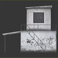Old Stone Guardhouse With Red Roof Railed Platform And Metal Staircase