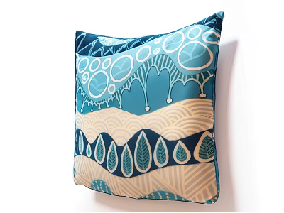 Stylish Blue And White Bed Pillow With Geometric Patterns And Leaf Designs 3d model