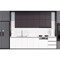 Modern Kitchen With Dark Upper And White Lower Cabinets Marble Backsplash And Appliances 3d model