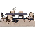 Rectangular Wooden Dining Table Set With Five Woven Chairs And Light Colored Rug 3d model