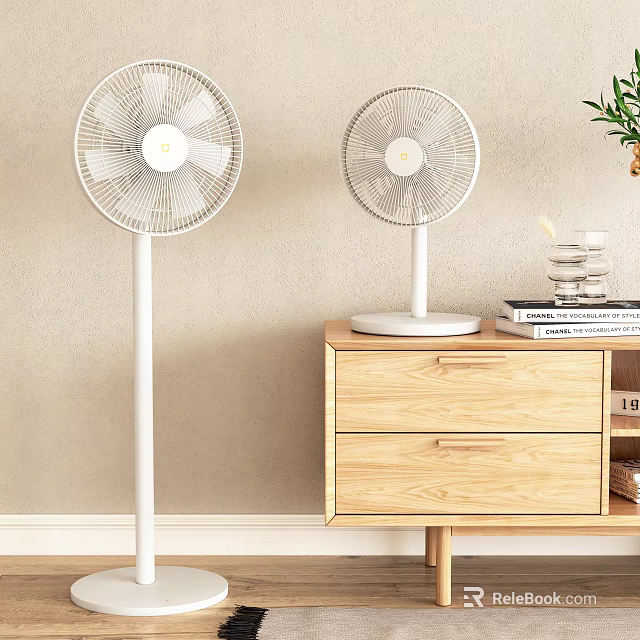 Modern Air Cooler Fans Standing And Table Types In Home Interior With Wooden Cabinet Decor 3d model 