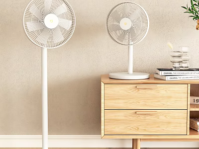 Modern Air Cooler Fans Standing And Table Types In Home Interior With Wooden Cabinet Decor 3d model