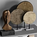 Modern Decorative Ornament Combination with Abstract Sculptures Geometric Shapes and Textured Disks on Display Shelf