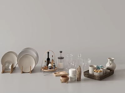 Modern Neutral Color Tableware Set Including Plates Glasses Ceramic Vase Wooden Rack and Tray 3d model