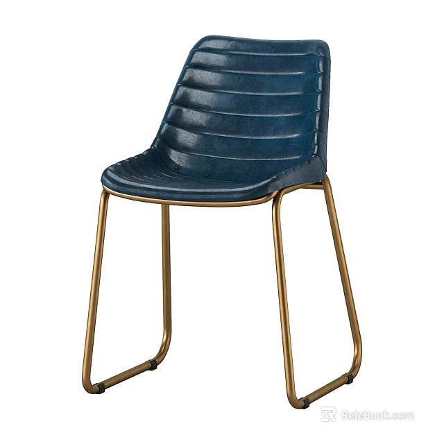 Modern Blue Leather Leisure Chair With Striped Backrest And Gold Metal Legs 3d model 