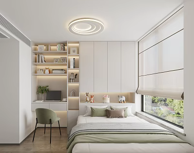 Tatami Bedroom with Light Colored Shelves Desk Chair and Natural Light Through Window Blinds 3d model