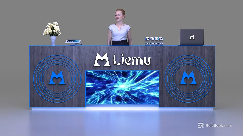 Modern Liemu Reception Desk With Circular Blue Accents Illuminated Screen White Flower Bouquet And Laptop 3d model 