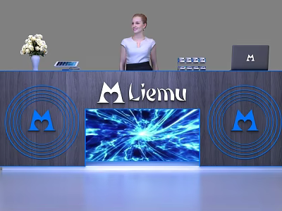 Modern Liemu Reception Desk With Circular Blue Accents Illuminated Screen White Flower Bouquet And Laptop 3d model