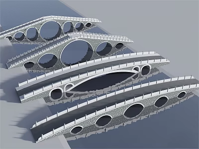 Modern Park Landscape Featuring Stone Bridges With Circular Holes And Railings Design 3d model