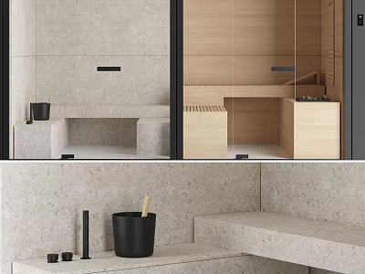 Minimalist Modern Shower Sauna Interior With Wooden Walls Stone Countertops And Bath Accessories 3d model