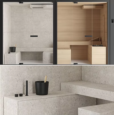 Minimalist Modern Shower Sauna Interior With Wooden Walls Stone Countertops And Bath Accessories 3d model