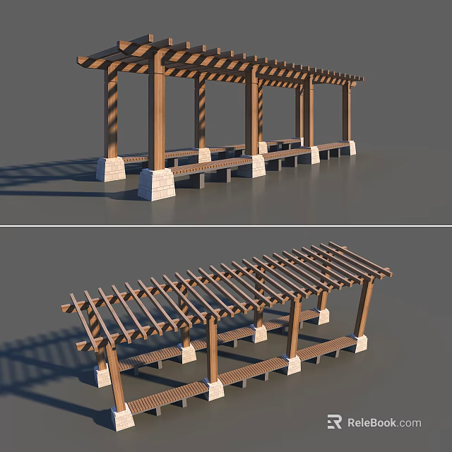 Outdoor Pergola With Wooden Lattice Roof Supporting Columns Stone Bases And Benches 3d model 