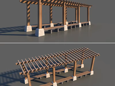 Outdoor Pergola With Wooden Lattice Roof Supporting Columns Stone Bases And Benches 3d model